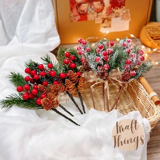 Cành thông quả đỏ, cành thông phủ tuyết 20cm trang trí hộp quà giáng sinh