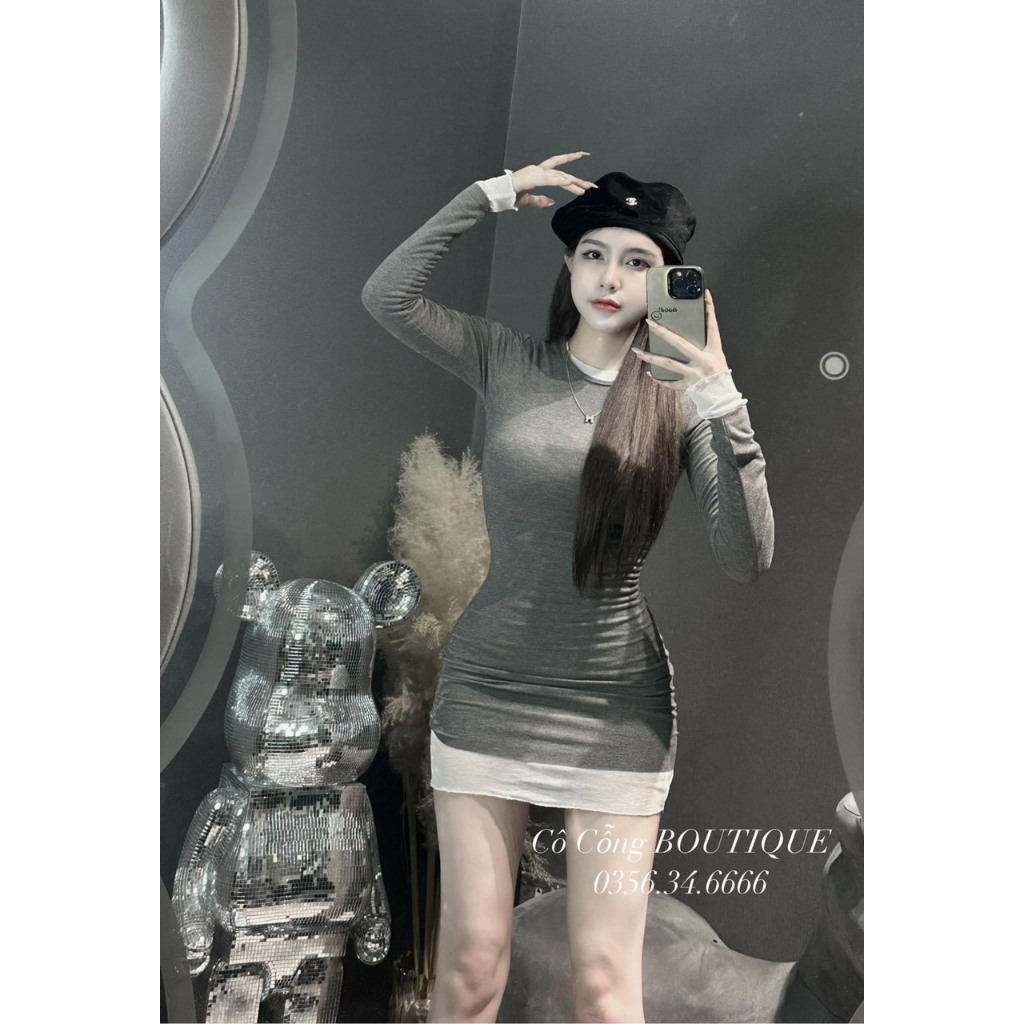 Đầm Dài Tay Ôm dáng Cổ tròn pha Chất zip mềm dãn Cá Tính