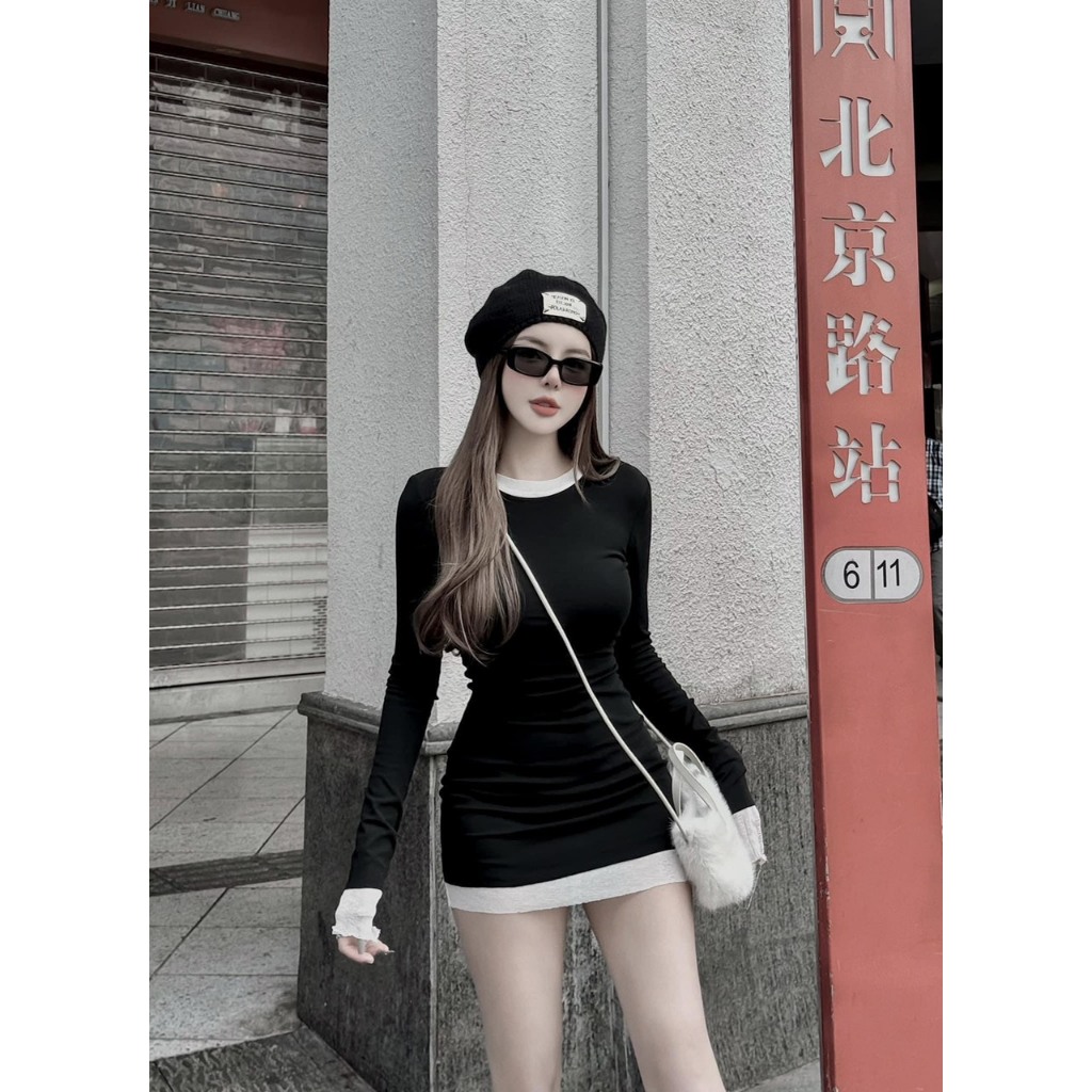 Đầm Dài Tay Ôm dáng Cổ tròn pha Chất zip mềm dãn Cá Tính