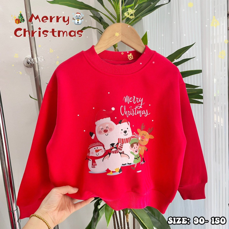 Áo nỉ bông màu đỏ chủ đề Noel cho bé trai bé gái siêu đẹp size từ 12-35 cân