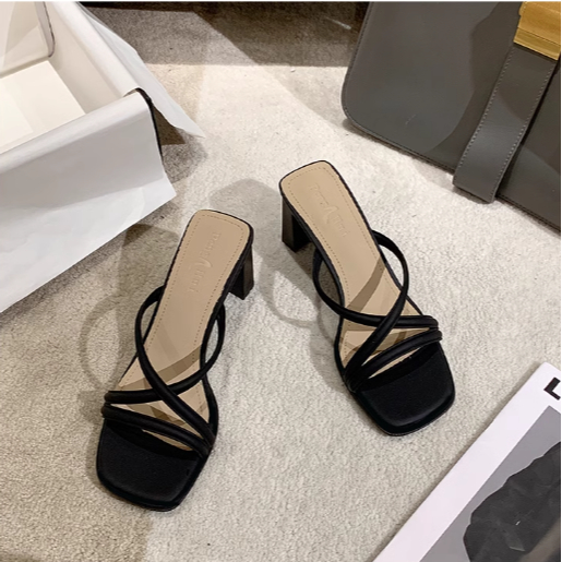 Guốc Dây Đan Cao Gót 7P 2 Màu Đen Kem OP02TDG040TA