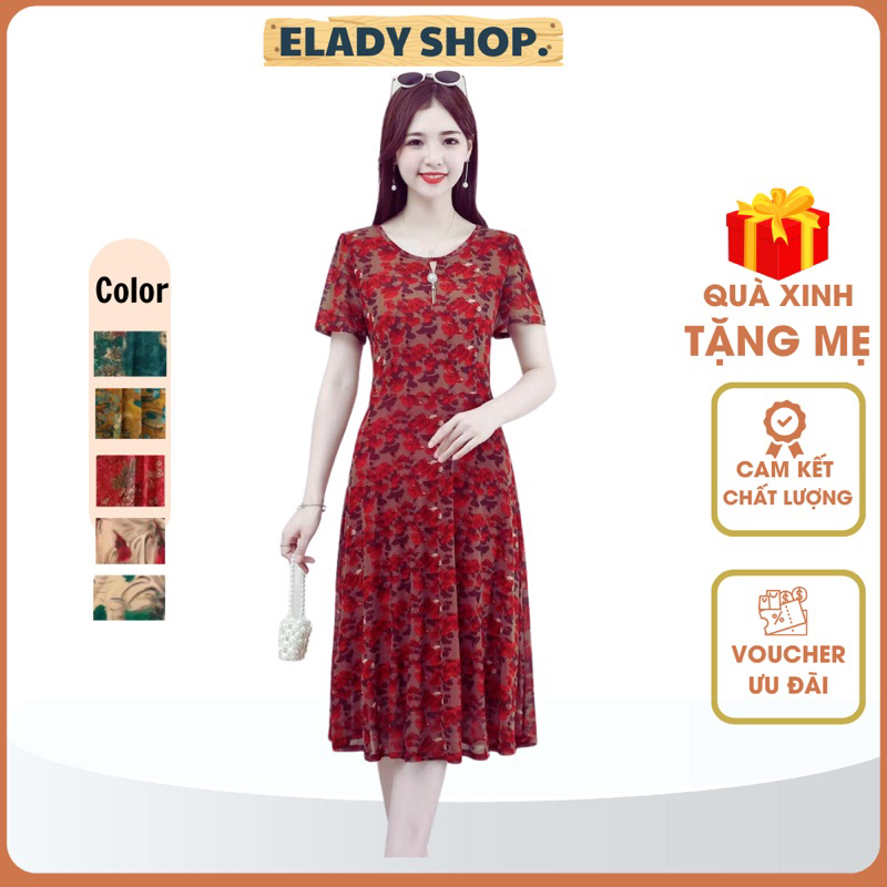 Váy trung niên ngắn tay cho mẹ hàng Quảng Châu chất vải thun lạnh 3D đẹp nhẹ,mát