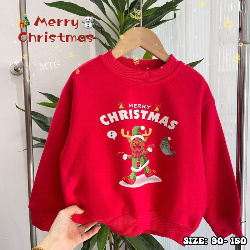 Áo nỉ bông màu đỏ chủ đề Noel cho bé trai bé gái siêu đẹp size từ 12-35 cân