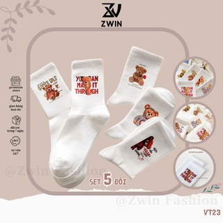 Sét 5 Đôi Tất Chân Tất Vớ Cổ Cao Nam Nữ Trắng Họa Tiết Gấu Nâu Chất Cotton Co Giãn VT23 - Zwin Fashion