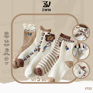 Sét 5 Đôi Tất Chân Tất Vớ Cổ Cao Nam Nữ Viền Xoắn Họa Tiết Bông Hoa Chất Cotton Phong Cách Vintage VT22 - Zwin Fashion