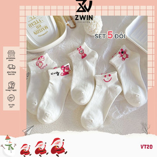 Sét 5 Đôi Tất Trắng Tất Vớ Cổ Ngắn Nữ Họa Tiết Gấu Dâu Chất Cotton Co Giãn VT20 - Zwin Fashion