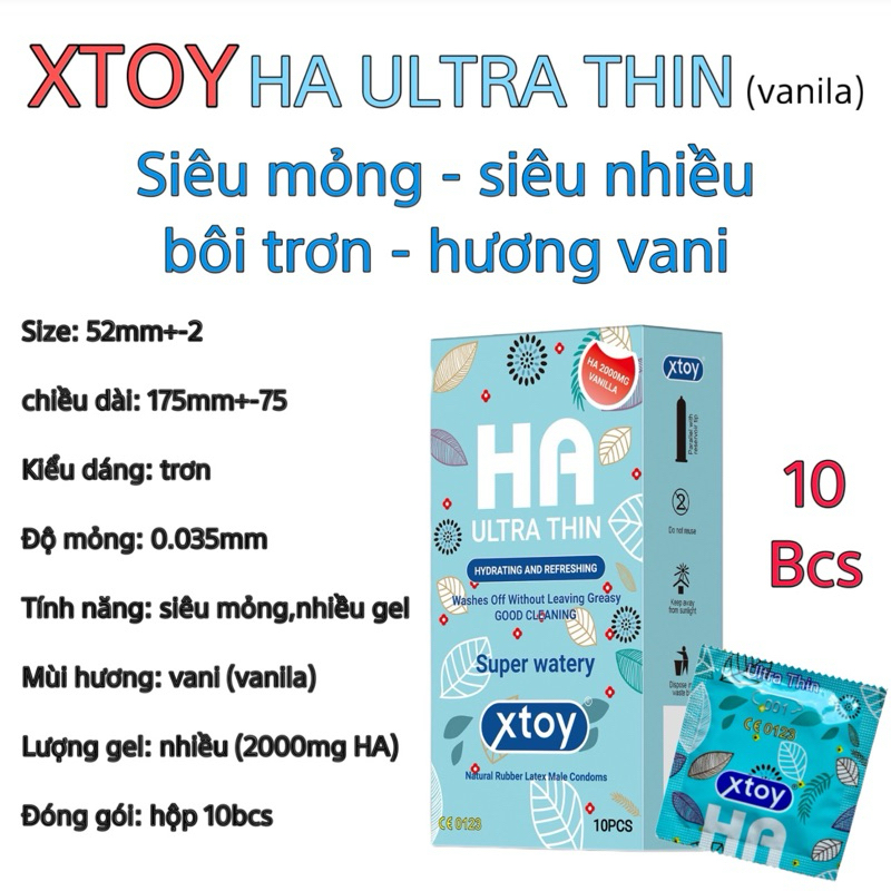 Bao cao su XTOY HA Ultra thin, siêu mỏng, siêu nhiều bôi trơn 2000mg gốc nước, hộp 10 bcs