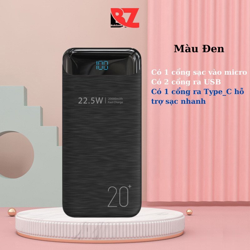 Sạc dự phòng 20000mAh hỗ trợ sạc nhanh PD 20W TypeC Bubzone tích hợp màn hình Led