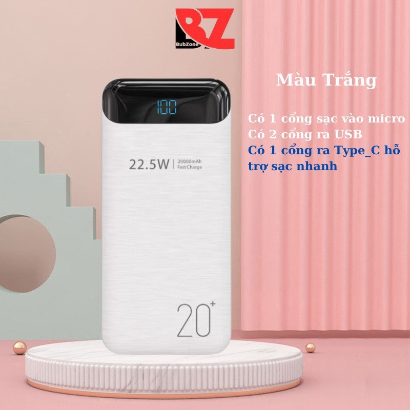 Sạc dự phòng 20000mAh hỗ trợ sạc nhanh PD 20W TypeC Bubzone tích hợp màn hình Led