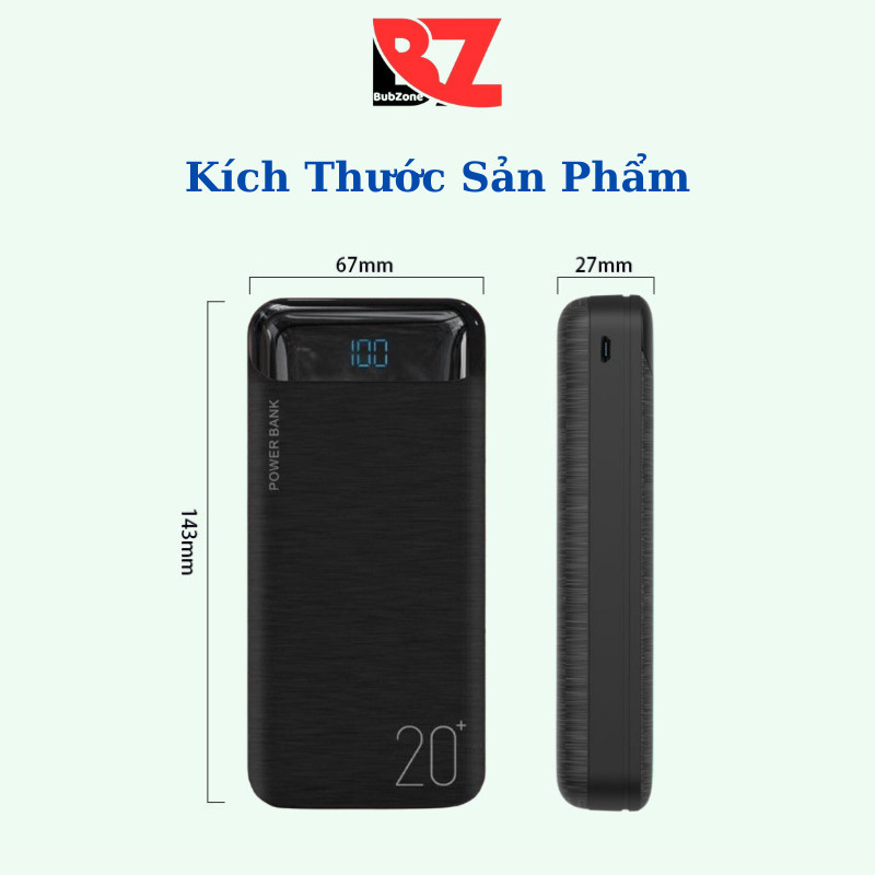 Sạc dự phòng 20000mAh hỗ trợ sạc nhanh PD 20W TypeC Bubzone tích hợp màn hình Led