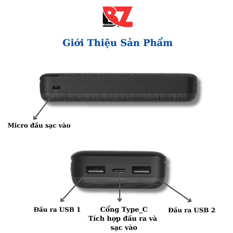 Sạc dự phòng 20000mAh hỗ trợ sạc nhanh PD 20W TypeC Bubzone tích hợp màn hình Led