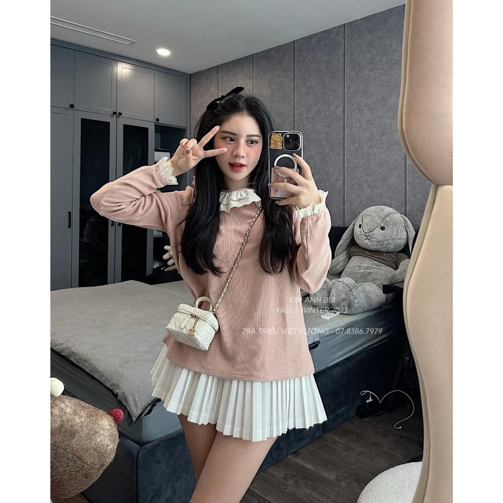 Áo dài tay cổ ren vintage