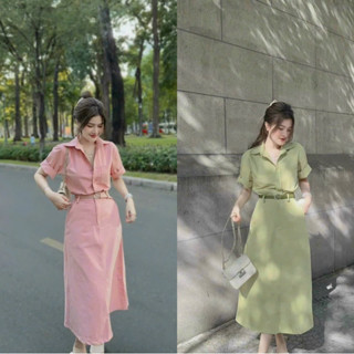 Set váy nữ đi chơi, áo sơ mi tay ngắn mix chân váy chữ A dáng dài chất vải Kaki kèm dây nịt eo,