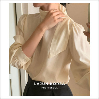 [LAJUN KOREA] Áo Blouse Tie Hàn Quốc, Áo kiểu nữ tay dài phồng cổ đứng buộc dây chéo thanh lịch