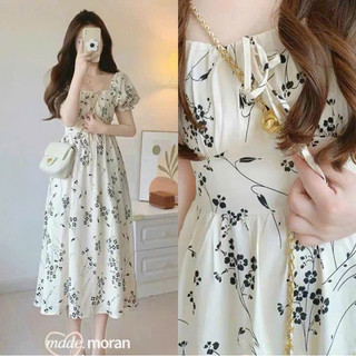 Đầm váy thời trang nữ mặc đi chơi cổ vuông đính nơ có mút ngực có lớp lót chất vải Lụa Ý mocking thân sau,