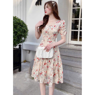 Đầm váy thời trang nữ mặc đi chơi tay nhún phồng ngắn dáng váy xếp ly chất vải voan hoa có lớp lót,
