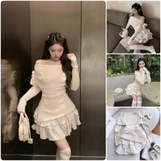 SET ÁO GÂN LỆCH VAI CỘT NƠ + CHÂN VÁY REN TẦNG