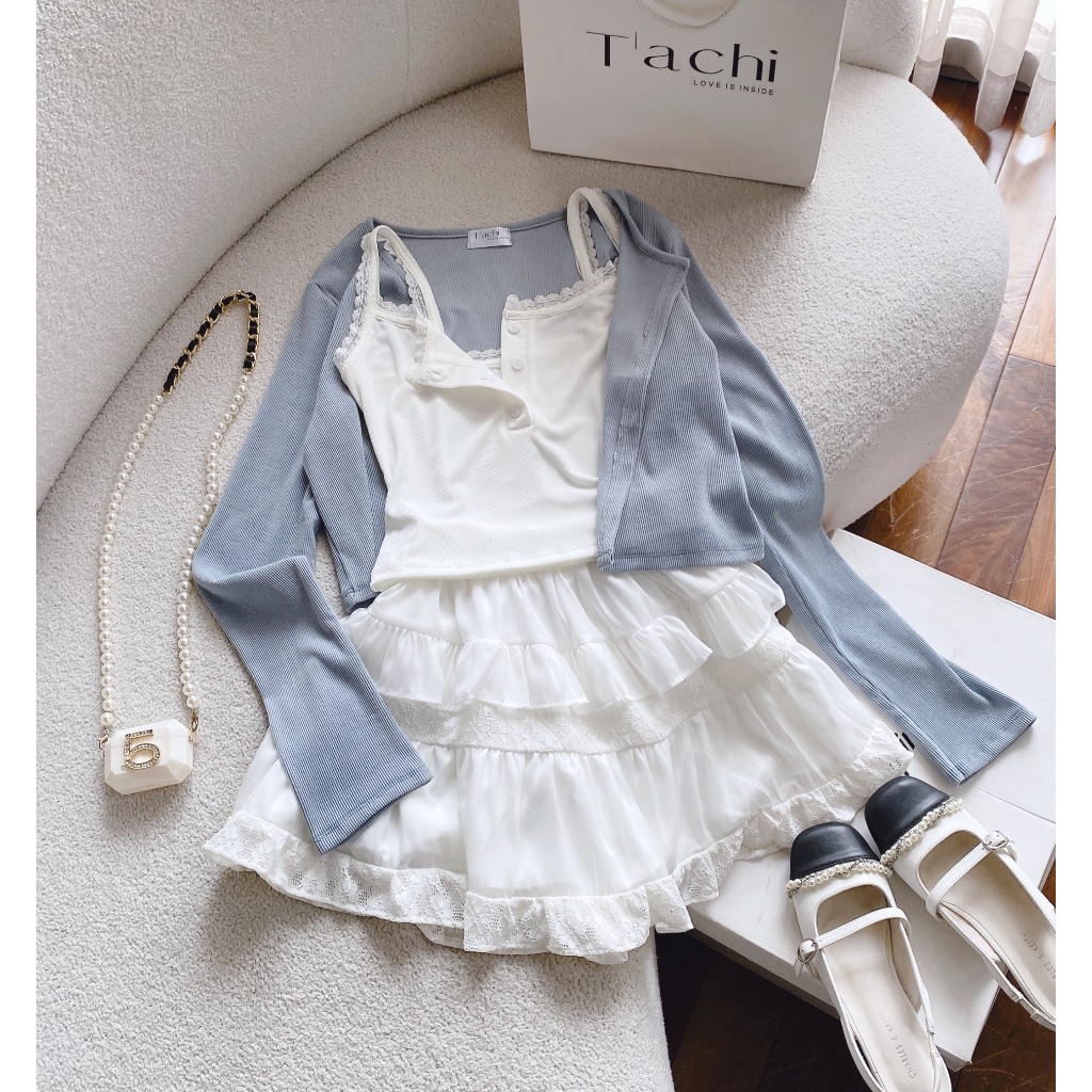 SET 3 MÓN: KHOÁC XANH TAY DÀI  + CROP 2 DÂY TRẮNG VIỀN REN + CHÂN VÁY  REN TẦNG
