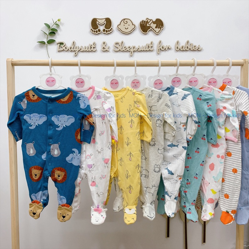 Sleepsuit kèm BAO TAY LẬT, bộ bodysuit liền tất cho bé sơ sinh hàng xuất dư các hãng