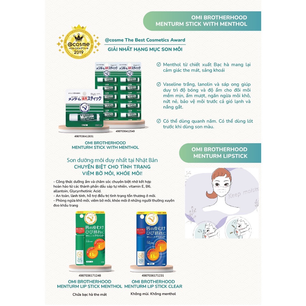 Bác Sĩ Cung Son Dưỡng Bạc Hà Dành Cho Môi Khô Và Nứt Nẻ OMI MENTURM Tặng Son Dưỡng Môi Omi