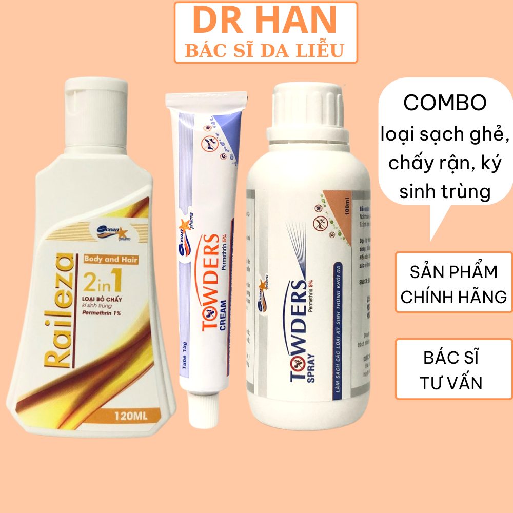 Combo loại bỏ ghẻ, chấy rận, ký sinh trùng trên da (Raileza, Towdwes spray 100ml , Towders cream)