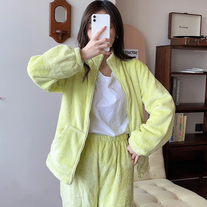 Bộ Đồ Ngủ Lông Kéo Khóa FreeSize , Bộ Bông Nỉ Giữ Nhiệt Bo Gấu Mặc Nhà Siêu Ấm 126