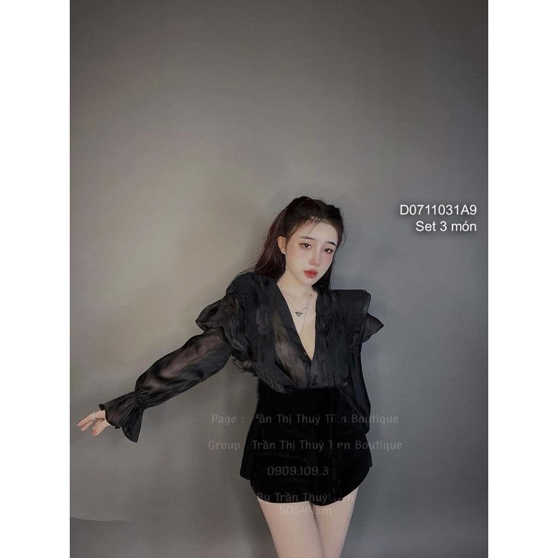 Set 3 món áo sơ mi tơ cổ tim phối áo 2 dây kèm quần short lưng cao cá tính VIENS STORE