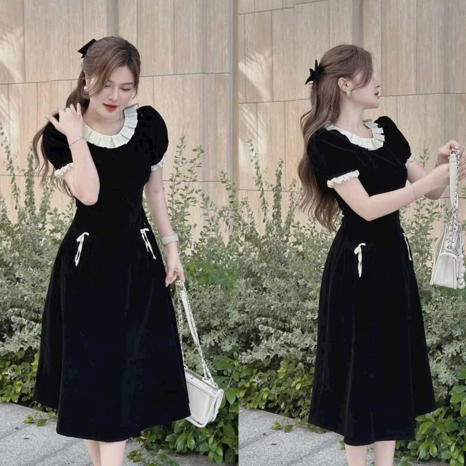 Đầm Midi Nữ Chất Nhung Phối Cổ Phối Tay Màu Đen Huyền Bí Quyến Rũ Cho Nàng Đi Chơi Đi Tiệc Siêu Xinh