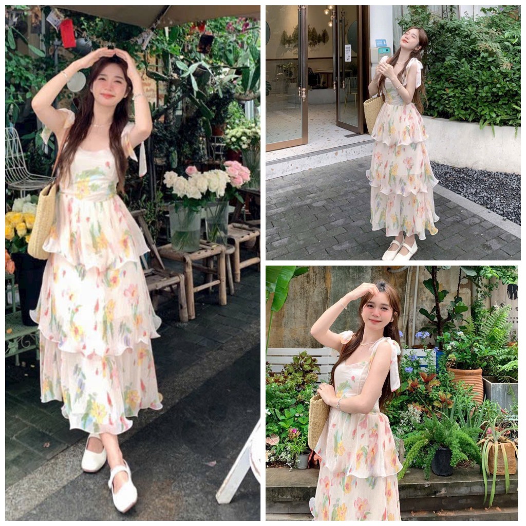 Váy đầm dáng dài nữ cột nơ vai họa tiết xếp tầng bo chun sau lưng thiết kế trẻ trung, xinh xắn