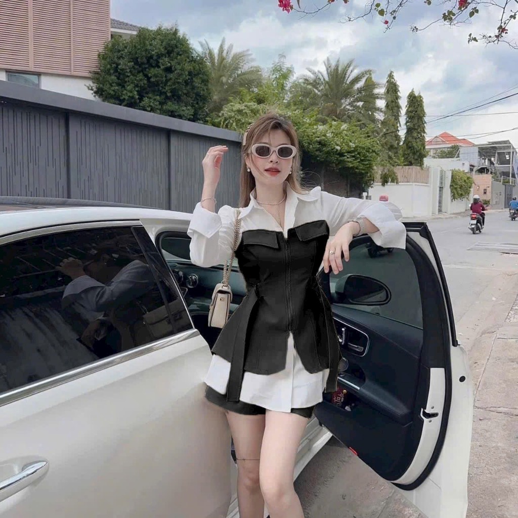 Sét đồ nữ áo kiểu sơ mi tay dài kèm quần đùi phong cách thời trang cá tính sành điệu