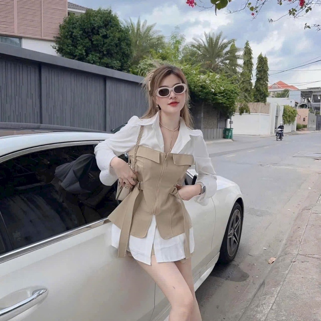 Sét đồ nữ áo kiểu sơ mi tay dài kèm quần đùi phong cách thời trang cá tính sành điệu