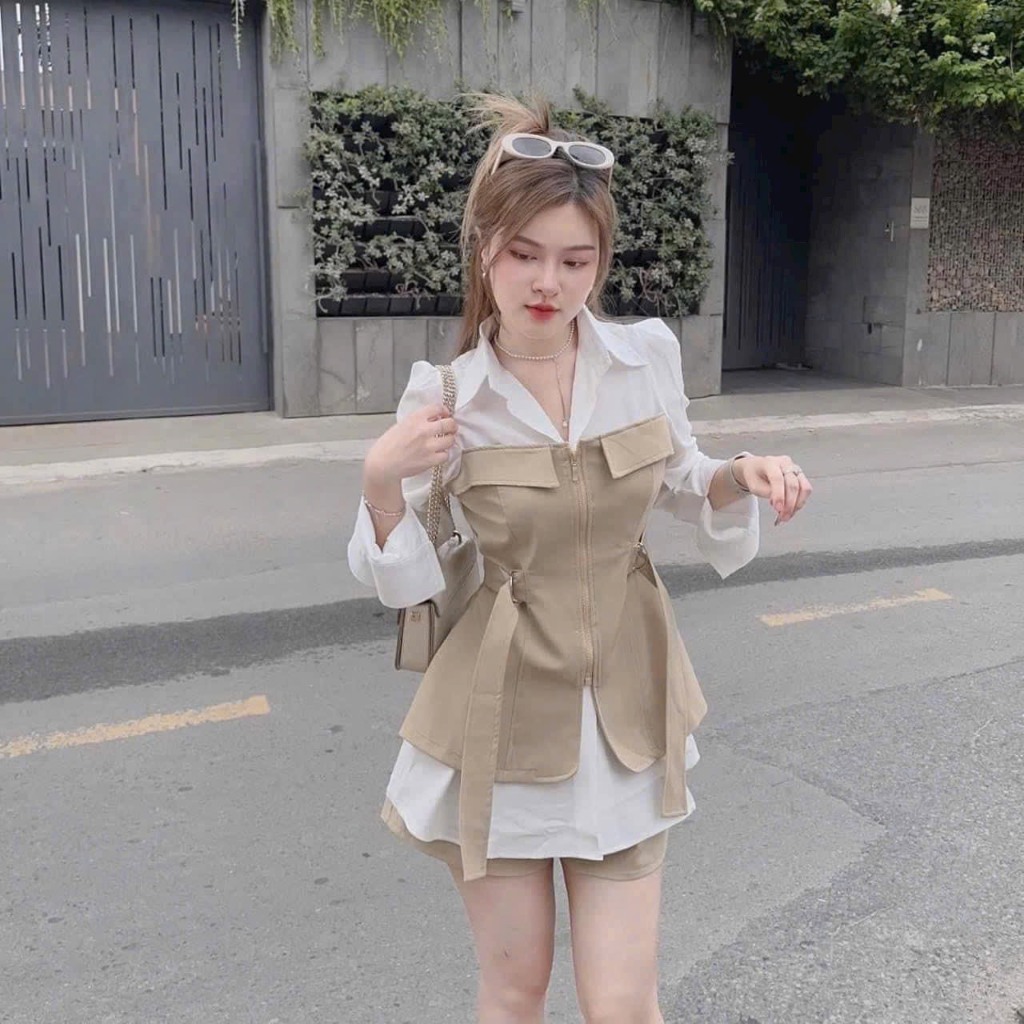 Sét đồ nữ áo kiểu sơ mi tay dài kèm quần đùi phong cách thời trang cá tính sành điệu