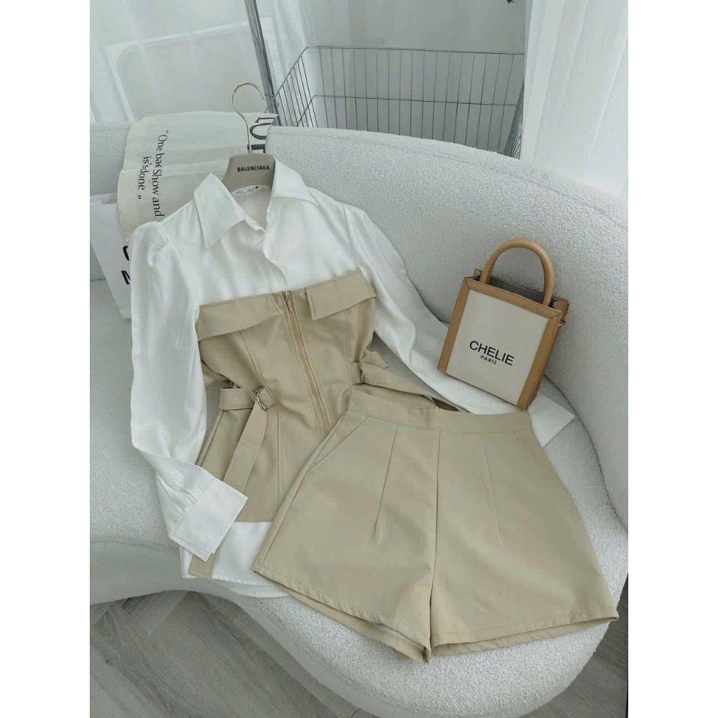 Sét đồ nữ áo kiểu sơ mi tay dài kèm quần đùi phong cách thời trang cá tính sành điệu