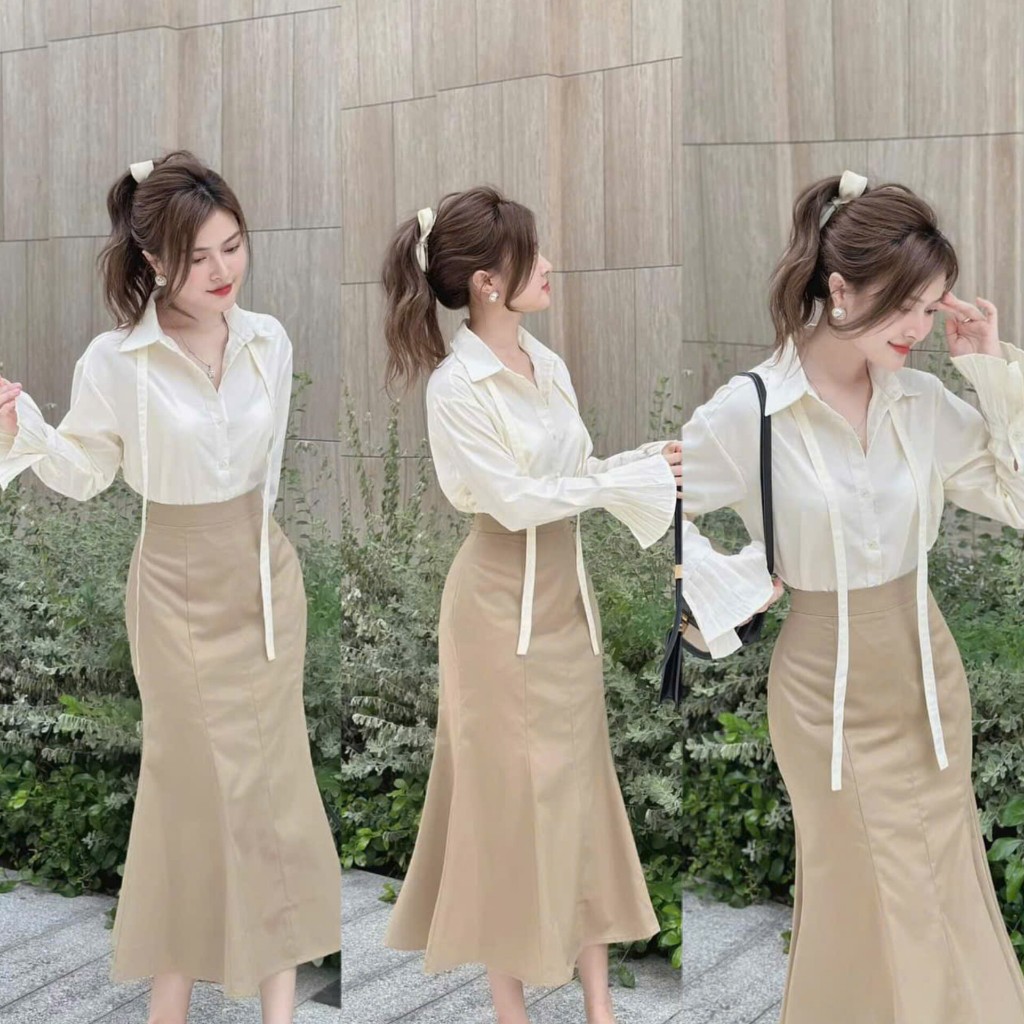 Set Váy Nữ Áo Kiểu Lụa Hàn Dài Tay Ống Loe Phối Chân Váy Kaki Đuôi Cá Midi Siêu Xinh Cho Nàng Đi Tiệc,Đi Làm, Đi Chơi,..