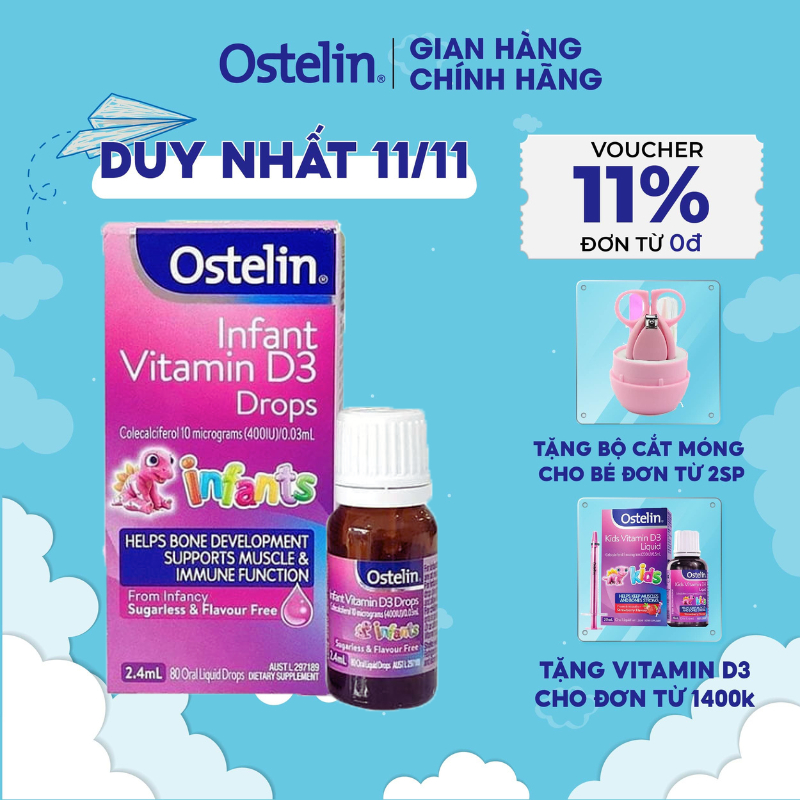 Vitamin D3 400IU Ostelin Infant Kids Drop 2.4ml cho trẻ sơ sinh giúp tăng khả năng hấp thụ canxi