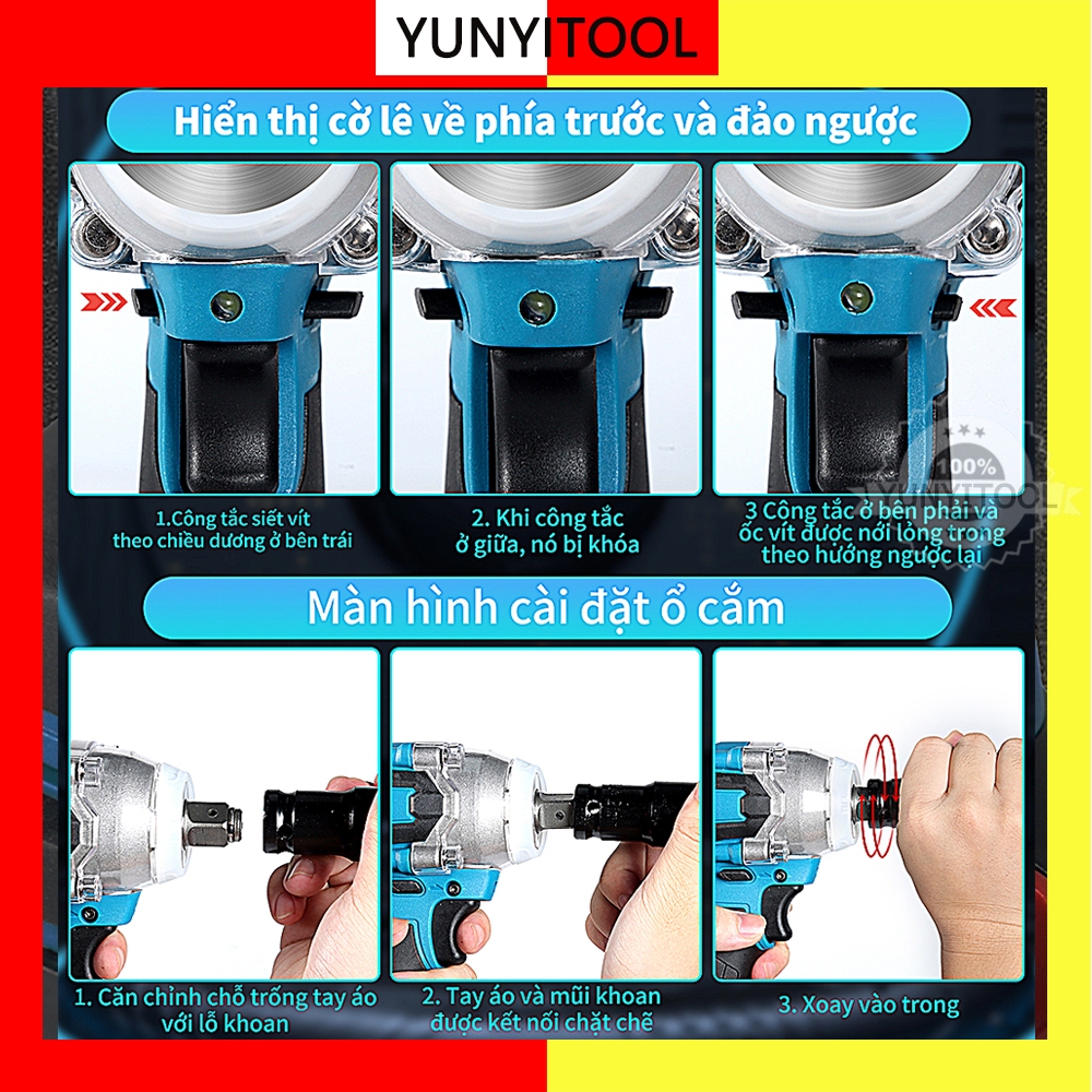 YUNYITOOL Máy khoan pin, Máy Siết Bulong pin,Không Chổi Than Lực Siết 300N.M Siêu Mạnh,Bảo Hành12 Tháng