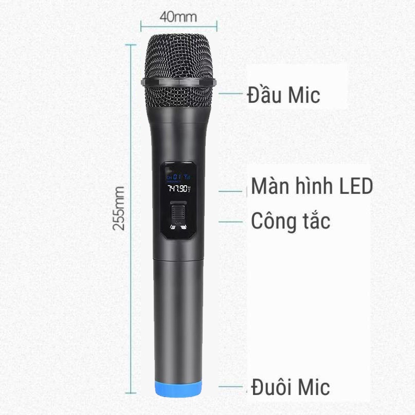 Mic hát karaoke, Micro không dây TTD - M12 cao cấp, chống hú, chống nhiễu, màn hình LCD - Mic hát dùng cho loa kéo âm li