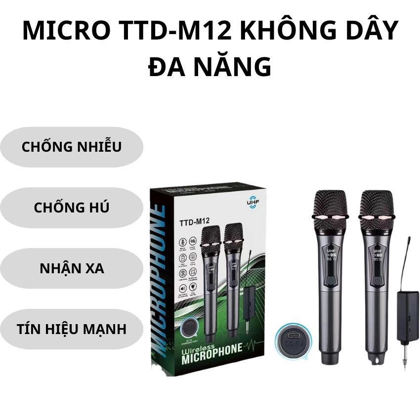 Mic hát karaoke, Micro không dây TTD - M12 cao cấp, chống hú, chống nhiễu, màn hình LCD - Mic hát dùng cho loa kéo âm li