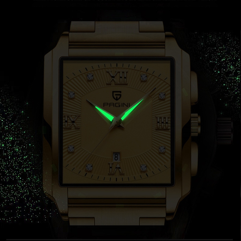 Đồng Hồ Nam Pagini Full Gold Mặt Vuông - Máy Pin Kim, Dây Thép Không Gỉ  - Mặt Kính Cứng Chống Trầy Xước