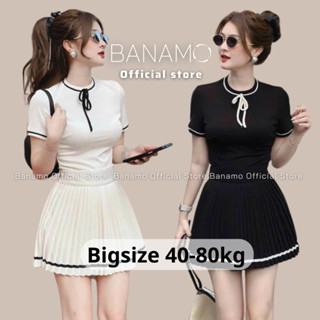 Set nữ BIGSIZE Banamo Fashion bộ áo len tăm cổ nơ cộc tay mix chân váy xếp ly phối viền 195