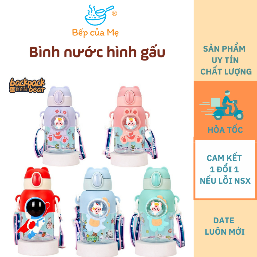 Bình nước tập uống cho bé hình gấu dễ thương có dây đeo chéo, ống hút silicone mềm, Shop Bếp Của Mẹ