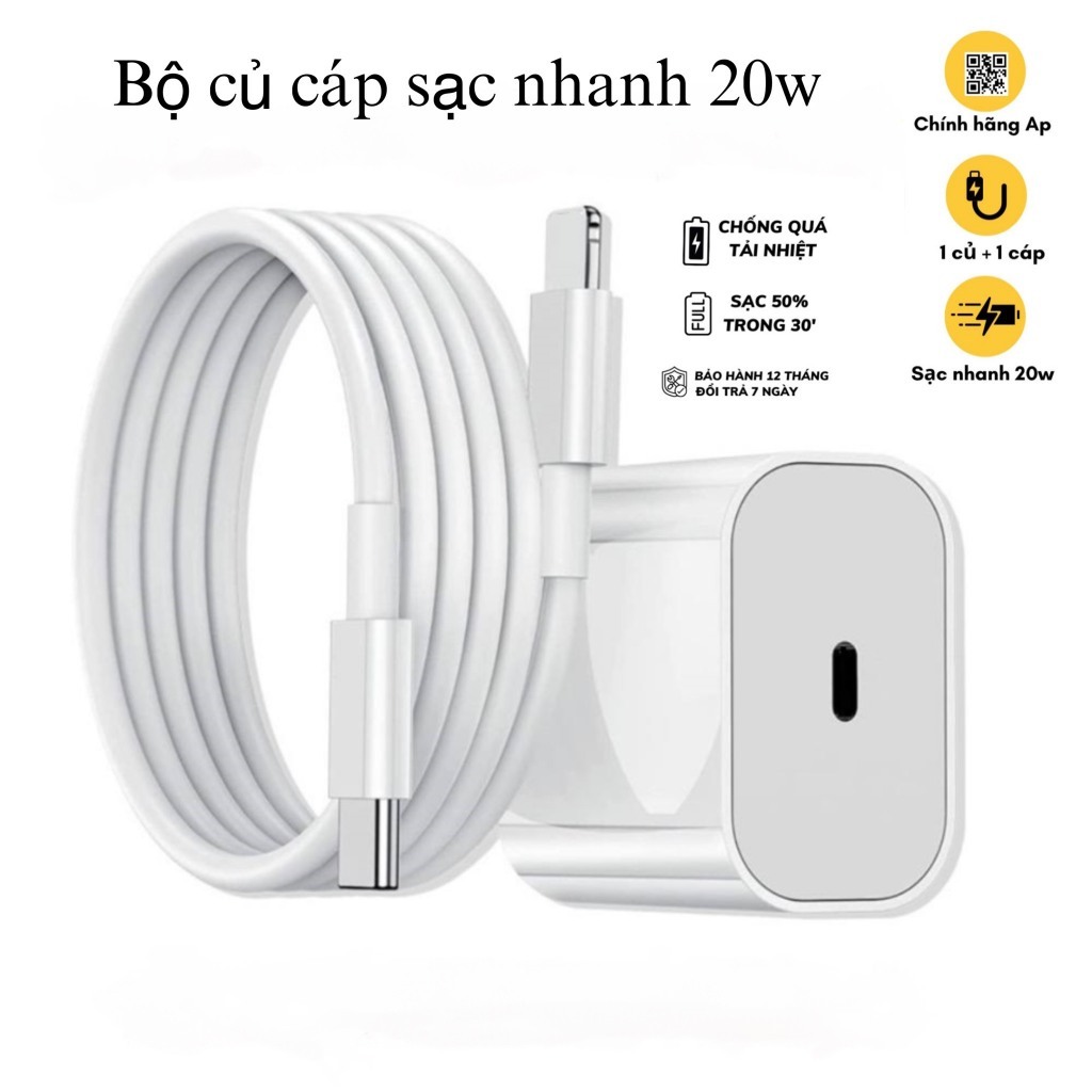 Bộ Sạc Nhanh củ sạc 20W, cáp sạc Type-c to LighNight, Sạc ổn định, không nóng máy, bảo hành 12 Tháng