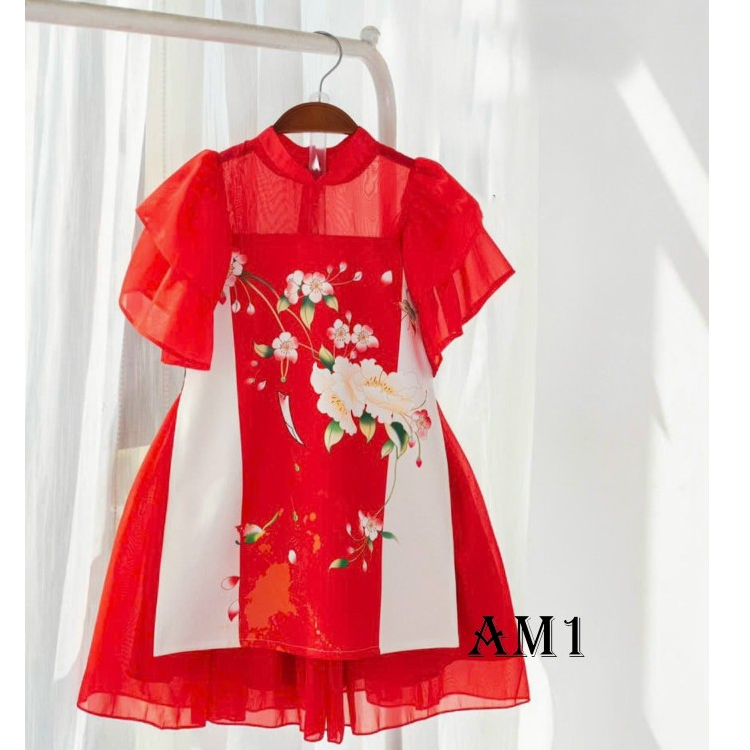 Áo dài bé gái truyền thống hoa anh đào QATE634 TB193 Áo dài Tết hoa đào cho bé gái TB394 TN395