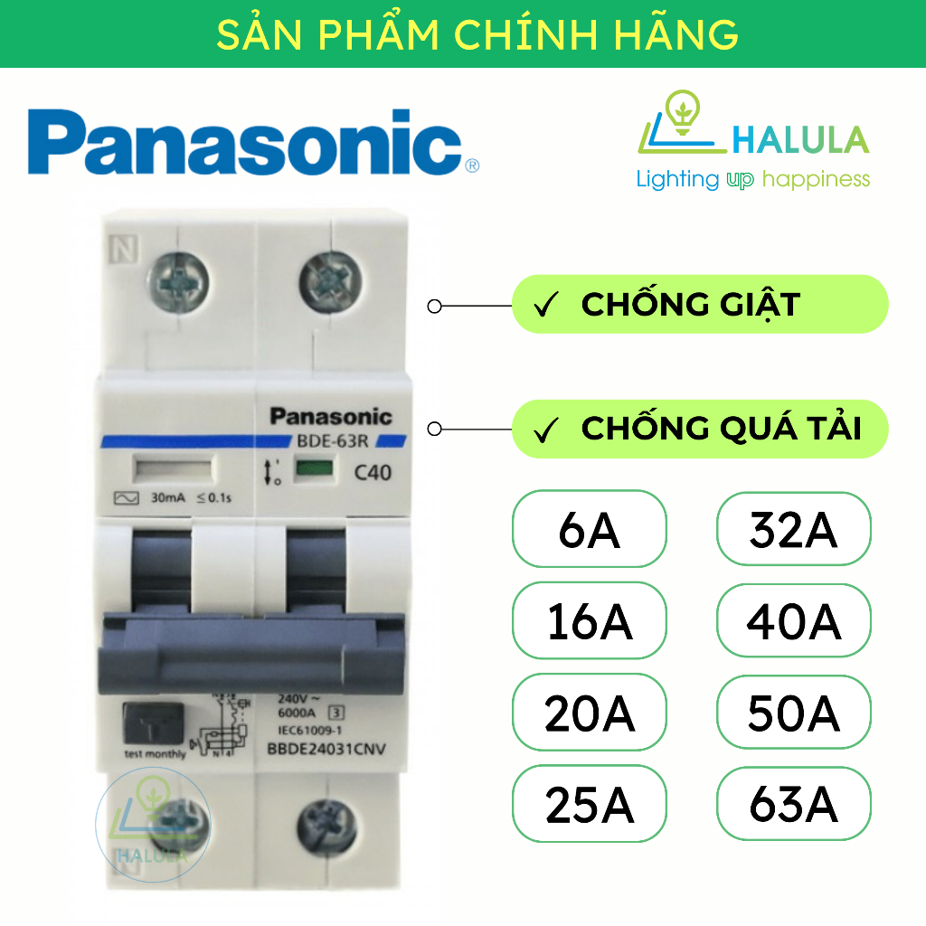 CB chống giật Panasonic 2P 6A 16A 20A 25A 32A 40A 50A 63A