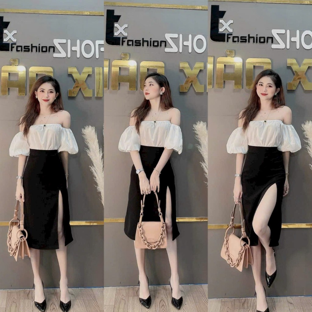 Set Váy Nữ Áo Trễ Vai Tay Phồng Màu Trắng Phối Chân Váy Công Sở Xẻ Tà Đùi Thanh Lịch Nhẹ Nhàng Cho Nàng Đi Chơi Đi Làm
