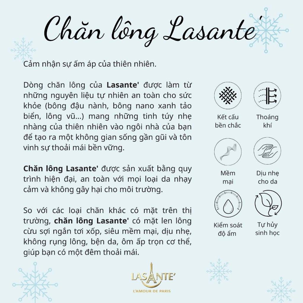 Chăn lông cừu cao cấp Lasante' phong cách Pháp 2 mặt màu xám ghi 3 lớp dày dặn siêu rộng 2.1x2.4m bảo hành 2 năm