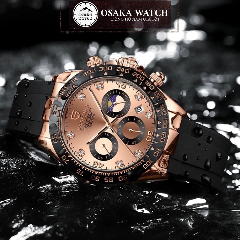 Đồng Hồ Nam PAGINI Daytona PA5599 Dây Cao Su Chạy Full 6 Kim Đính Đá Fullbox Chính Hãng