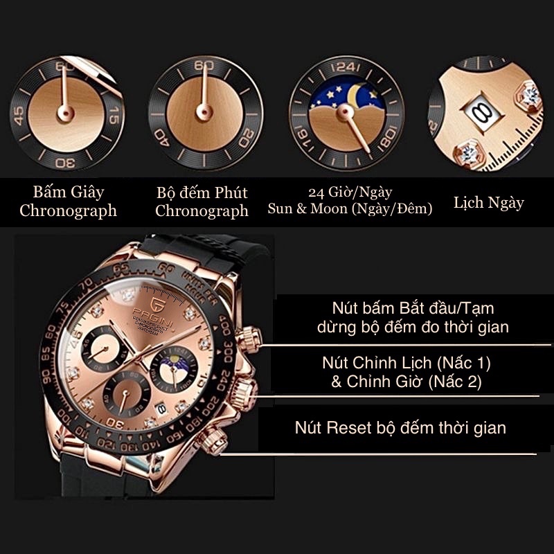 Đồng Hồ Nam PAGINI Daytona PA5599 Dây Cao Su Chạy Full 6 Kim Đính Đá Fullbox Chính Hãng
