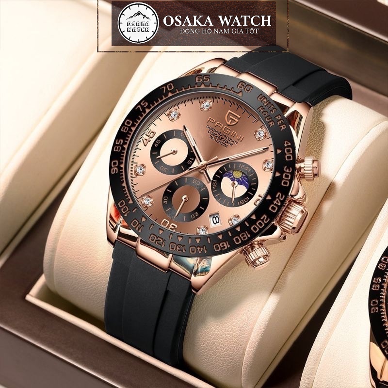 Đồng Hồ Nam PAGINI Daytona PA5599 Dây Cao Su Chạy Full 6 Kim Đính Đá Fullbox Chính Hãng