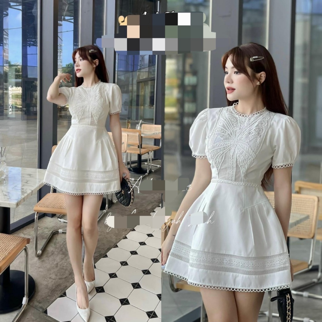 Đầm Dự Tiệc, Dress Công Chúa Tiểu Thư Thêu Chạy Lưới Ren Tròn Tay Bồng Dáng Xòe Tone Trắng Tinh Khôi Đơn Giản Nhẹ Nhàng